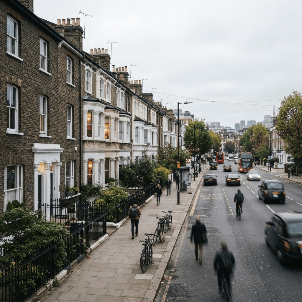 Acoustic Secondary Glazing: How to Reduce Noise From Traffic, Trains, and Airports in London Classic London period street beside a busy road, illustrating urban noise that acoustic secondary glazing reduces