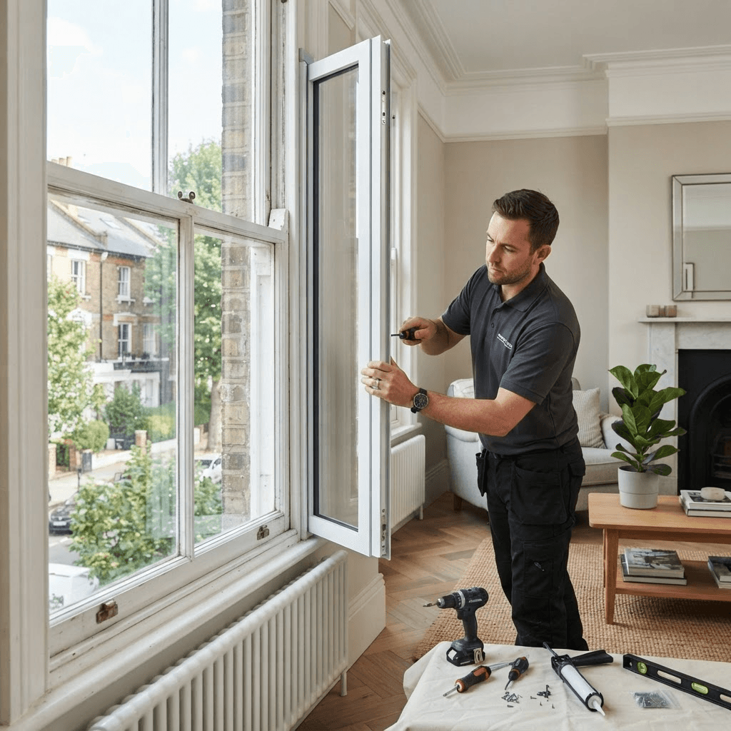 Every bay angle and reveal is measured during a specialist survey Professional installer fitting secondary glazing to a period window