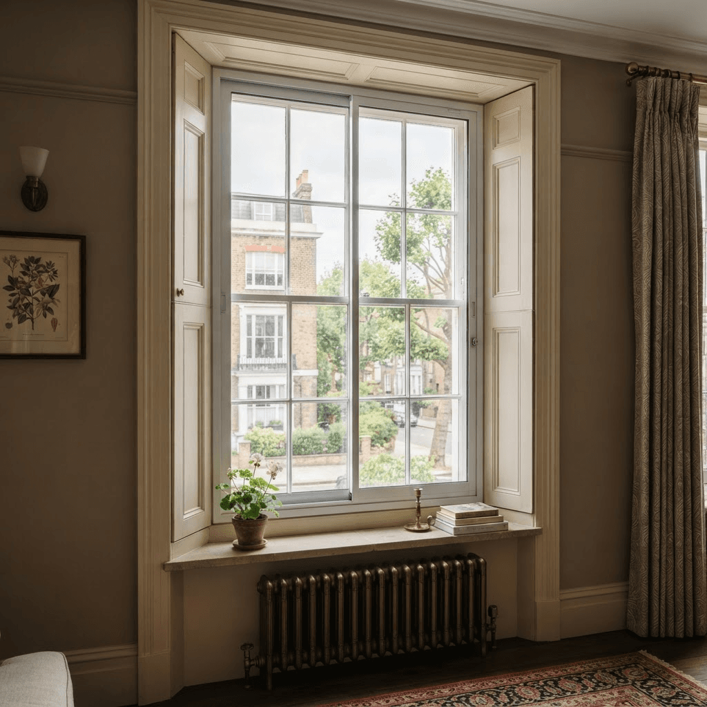 Slimline secondary panels align with the original sash for a discreet finish Slim secondary glazing installed inside a period sash window