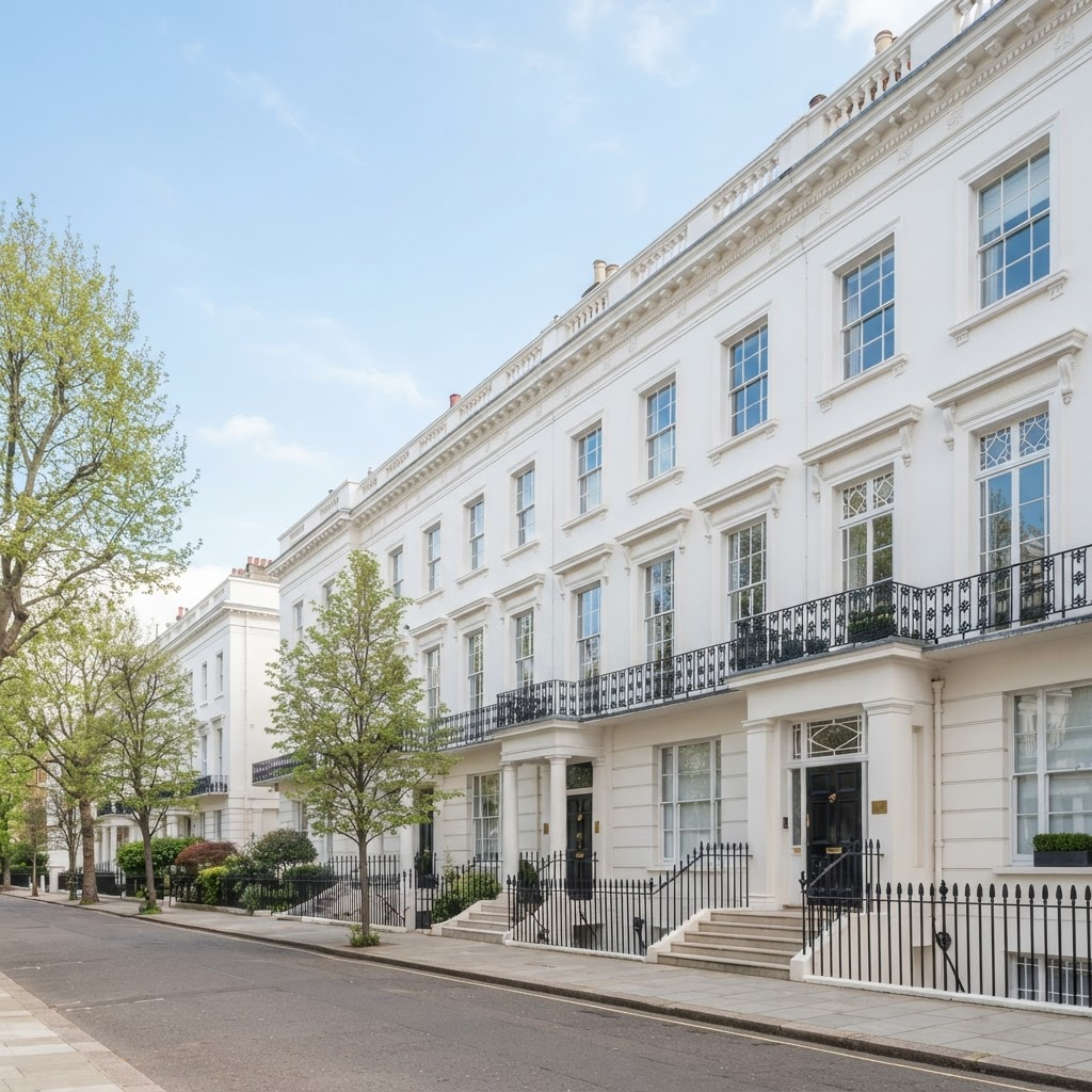 Row of white London Georgian and Victorian townhouses with tall original sash windows Row of white London Georgian and Victorian townhouses with tall original sash windows