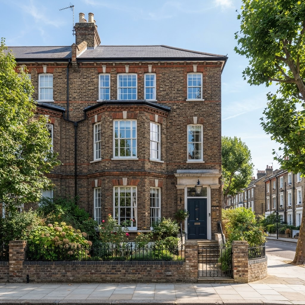 Traditional London Victorian townhouse with white vertical sliding sash windows and brick facade Traditional London Victorian townhouse with white vertical sliding sash windows and brick facade
