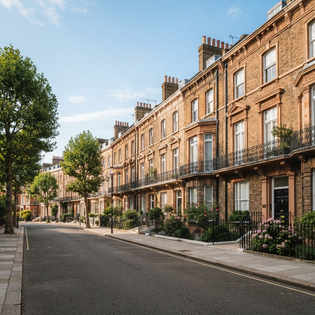 Elegant London Victorian terraced street with white sash windows and period brickwork