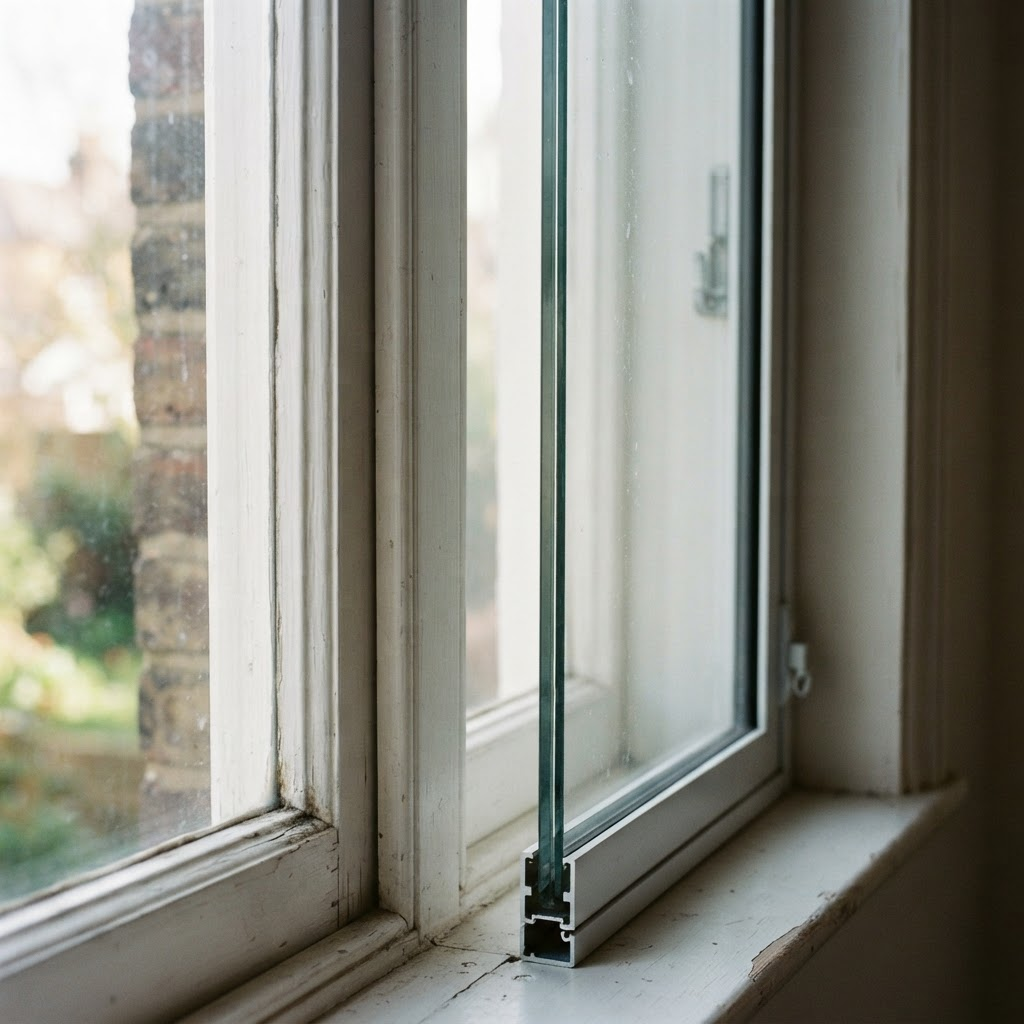 Side view of the wide air gap between an original period window and an internal secondary glazing panel