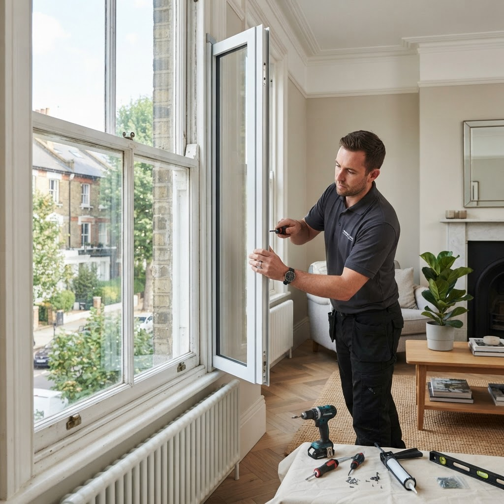 Installer fitting slim aluminium secondary glazing to a Victorian sash window in a London home