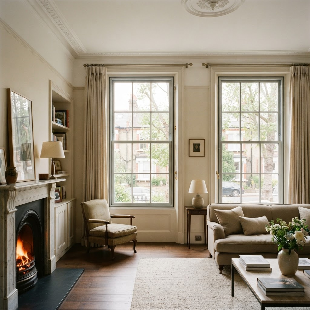 London period property with original sash windows preserved behind discreet internal secondary glazing
