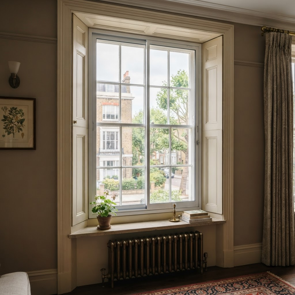 Vertical sliding secondary glazing aligned with an original sash window Finished secondary glazing on a period sash window in an elegant London interior